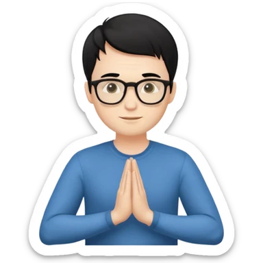 A white Man with black hair doing namaste with wearing specs sticker