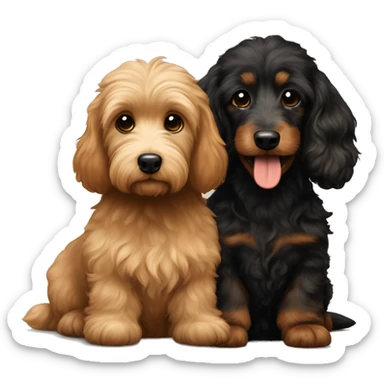 Brown medium size goldendoodle and black and tan and cream longhair dachshund sitting together  sticker