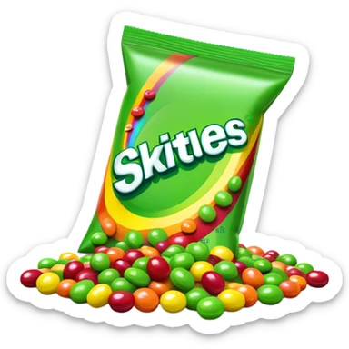 Skittles candy package with green candies spilling out, minimalist sticker