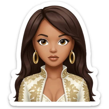 LeToya Luckett from Destiny's Child with long dark brown hair, ivory sequin outfit sticker