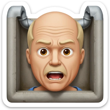 50 year old white male with an open mouth. No moustache—over his mouth is a square frame made of concrete connected to a drain pipe. He is proud and thinks his right, while being slightly angry because the joke is on him. sticker