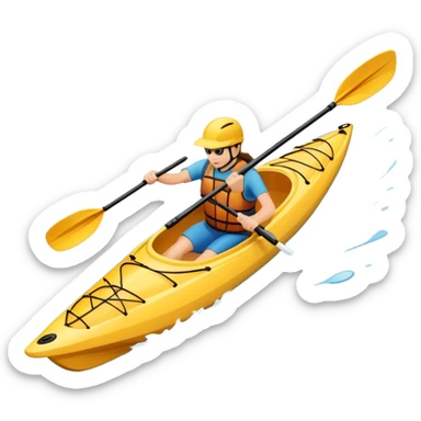 An icon showing a close-up of a kayak gliding over rippling water, with a double-bladed paddle in motion and splashes around. The sleek shape of the boat and dynamic strokes highlight the speed and precision of kayaking. Transparent background emphasizes the energy of the sport. sticker
