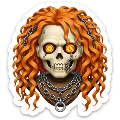 steam-punk Megadeth - iconic corpse made of rusty metal with chains on its teeth, huge curly orange hair sticker