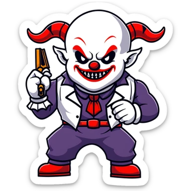 full-body muscular demonic clown, battle-ready, black and white leisure suit with bellbottom pants, bald, black ram horns, flashy black and white belt, ruffled white shirt, no neck tie, large fangs, holding very large futuristic rifle sticker