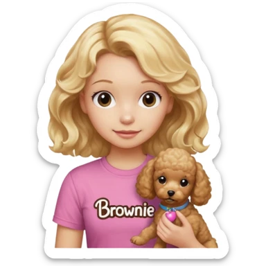 hazme un emoji que sea una niña rubi con el pelo ondulado i una camiseta rosa que ponga brownie, i acariciando a un perro (caniche toy) sticker