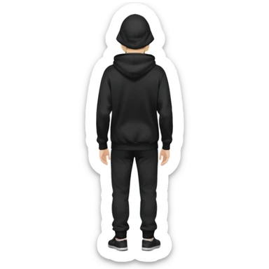 fullbody Mysterious shy caucasian man in black hoodie on head, hands in pockets and black pants rear backview sticker