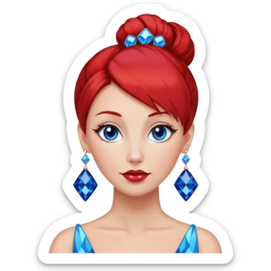 gem lover woman with gem accessories excessive amount very big gem earrings red bun hair and redbluediamonds sticker