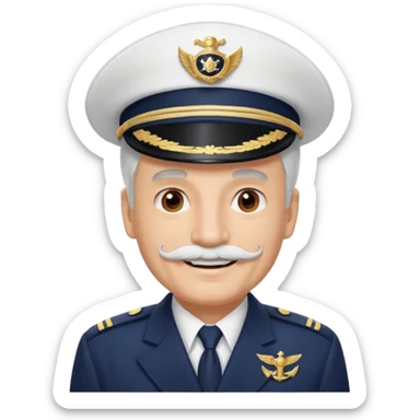 A light-skinned mid-aged man with brown eyes and white mustache, smiling while wearing a white captain’s hat with a navy emblem. sticker