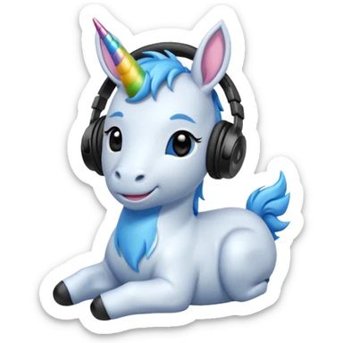 Unicornio bebé azul sentado escuchando música con auriculares negros sticker
