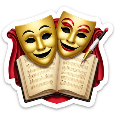Create a bold and dramatic emoji representing the art of playwriting. The design should feature an open script or a theater playbook, with stylized text lines or dramatic dialogue inside. Include elements like a theatrical comedy and tragedy masks, a stage spotlight, or a writting quill to symbolize creativity and performance. Use deep, contrasting colors like red, black, and gold to evoke the intensity and passion of drama. The overall design should feel dramatic, inspiring, and artistic. Make the background transparent. sticker