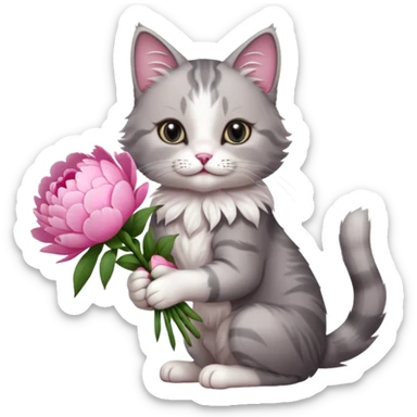 Cute cat Handing pink peonies like reaching a hand and handing them out a bouquet of them not a physical hand the cats hand  make the cat fluffy and grey and white fluffier make the cat wear a pink coquette make her wear a pink coquette make the peonies open and in boquette sticker