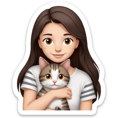 a girl with long dark brown hair, in a
white T-shirt and brown eyes, smile, hugs a tabby
dark grey and white strips one cat sticker