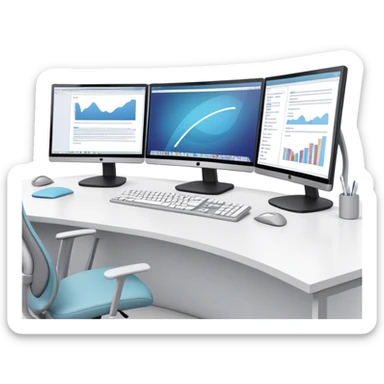 Create an emoji for UX/UI design. Show two large curved monitors displaying UX/UI design interfaces. Include a mouse, keyboard, and stylus next to the screens. Use modern, professional colors. Do not include any emojis or smiley faces. Make the background transparent. sticker