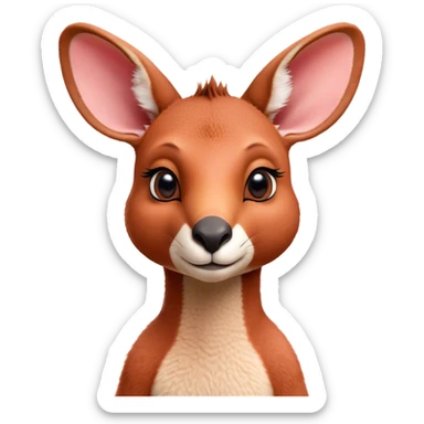 Cinematic Cute Adult Red Kangaroo Portrait Emoji, Head tilted playfully and inquisitively, showcasing a charming, robust build with soft reddish fur and a uniquely red kangaroo-like head featuring a gentle, elongated snout and rounded ears, with large, sparkling eyes full of wonder, Simplified yet irresistibly adorable features, highly detailed, glowing with a warm, friendly glow, high shine, affectionate and lively, stylized with a touch of outback whimsy, soft glowing outline, capturing the essence of a mischievous yet loving kangaroo that seems as if it could hop out of the screen into your arms! sticker