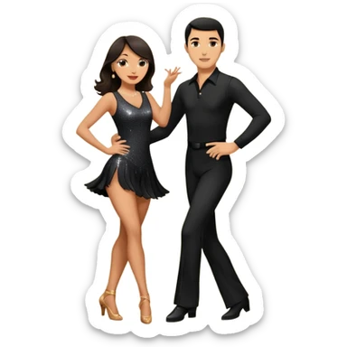 Photorealistic dancesport professional latin couple dancing the cha cha cha at the competition dancefloor, the women is in skinny short sparkly dress, the man is in black shirt and black classic pants, the women has brown long hair, the man has short black hair  sticker