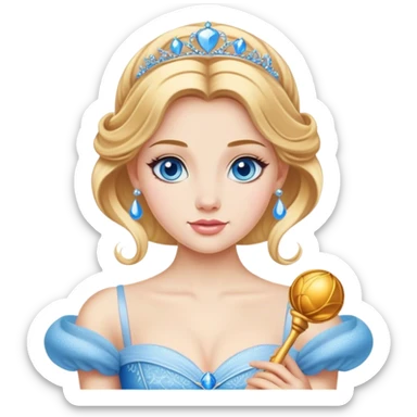 Cinematic Realistic Comical Cinderella Portrait, with every detail rendered realistically—from the soft, smooth texture of her fair skin to her artfully styled golden-blonde hair. Her bright blue eyes are wide with playful disbelief, and her expression carries a touch of whimsical humor while retaining elegant poise. Her classic ball gown, detailed with rich fabric textures and natural shadows, catches the light in a way that blends refined beauty with a hint of cheeky mischief, creating a striking, lifelike portrayal. sticker