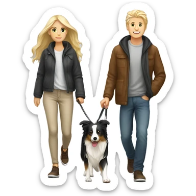 Blond white couple (long hair girl) walking tricolor border collie sticker