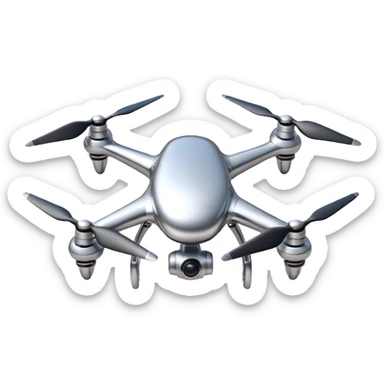 A futuristic drone emoji made of polished silver chrome, smooth rounded body, minimal propellers, reflective metallic surface, soft studio lighting, iOS emoji style, centered, clean white background sticker