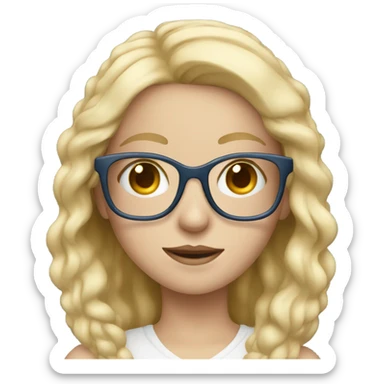 Blonde girl, blue eyes, wearing glasses with camera sticker