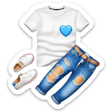A 3D cartoon casual T-shirt and jeans outfit arranged on flat surface, bright lighting, Memoji-style realism. sticker