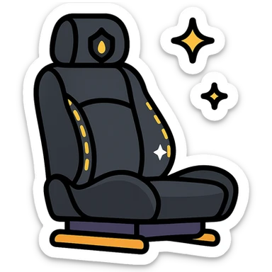 luxury car seat icon in matte black with a small droplet or shield on the headrest, elegant stitching, minimalist lines, extra shine and sparkling effects, modern and clean style, no text sticker