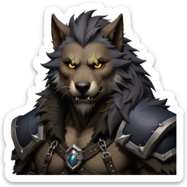 Cinematic Realistic WoW Worgen Portrait, depicted as a fearsome blend of man and beast, with rugged, dark fur intermingling with tanned, weathered skin. His piercing amber eyes and fierce expression are framed by disheveled hair and subtly detailed, worn leather attire in dark, consistent hues. Rendered with lifelike texture and dramatic, natural lighting, high shine, noble and formidable, capturing the primal nobility of a legendary worgen warrior. sticker