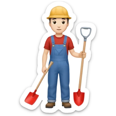 male worker 1950 flat hat and overalls and shovel standing sticker