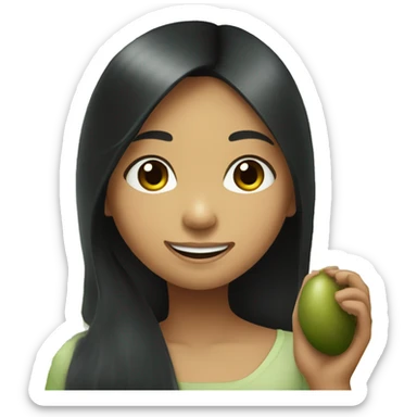 Philipino Girl smiling with long black hair holding a kiwi sticker