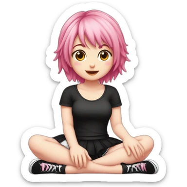 Full body Front view curvy emo girl pink hair sits on the floor straight view hands up black skirt белые трусики полосатые рваные чулки sticker