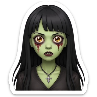 vampira gótica parda zumbi de cabelo longo e preto e franja e roupa com decote sticker