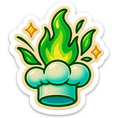 chef's hat explode with trails of fires, emoji, playful, magic flame green gradient, vibrant, flame matching style reference file sticker