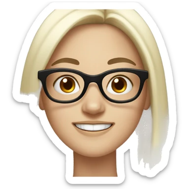 white skin girl smiling, long black hair, black oval glasses sticker