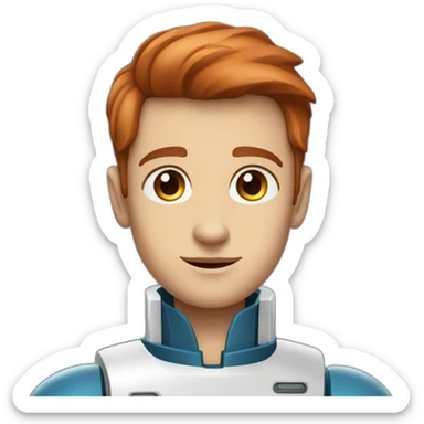 space robot man blue eyes slick coppery hair clean shaven sticker
