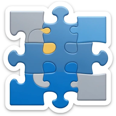 Minimal flat-style puzzle piece emoji in blue and grey, professional design for business presentation, clean edges, modern corporate aesthetic sticker