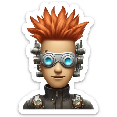 Light red Mohawk hair male cyborg head with white steampunk goggles and circuits sticker