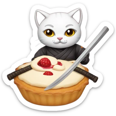 Ninja cat cuts pastry with  katana sticker