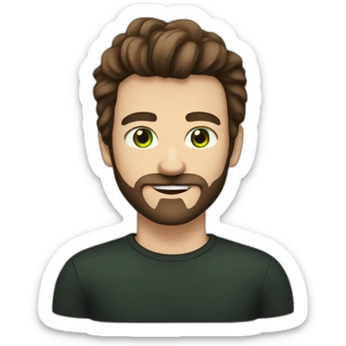 a white guy with dark brown long hair greeneye beard blacktshirt thumbup sticker