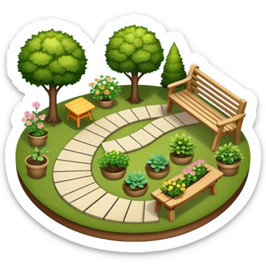 Icon for Landscape Design: a garden layout with trees, plants, pathways, and outdoor furniture, along with design tools like a ruler, pencil and sketchpad. The icon should represent the creativity and planning behind landscape design. Transparent background. sticker