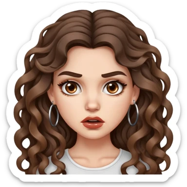 cute girl with not volominous VERY LONG curly/wavy brunette hair with balayage, brown eyes, full lips, natural clean girl makeup and hoop earrings white girl: ANGRY FACE sticker