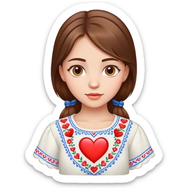 beautiful young girl with brown hair wearing a white Ukrainian embroidered shirt with a big heart design sticker