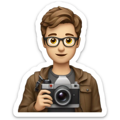 European film director with brown short hair holding a cinema camera sticker