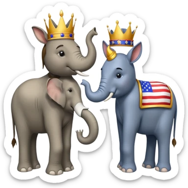 Democratic Party elephant facing Republican Party donkey with King Trump inbetween sticker