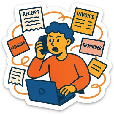 person holding a phone in one hand, laptop open in front, storm of receipts, invoices, and reminders swirling around, multitasking chaos sticker