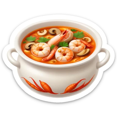Cinematic Realistic Tom Yam Kung Soup Dish Emoji, showcasing a spicy, sour shrimp soup with herbs and mushrooms rendered with lifelike textures and bold, dynamic lighting. sticker