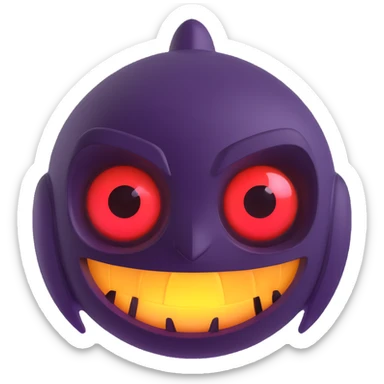 Make this scary futuristic 3D emoji even scarier by adding sharper teeth, more intense glowing eyes, and a more menacing expression. Remove the background. sticker