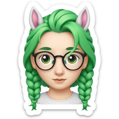 braided unicorn face wiith big visible braids looking into the camera spectacled green hair and no ears sticker