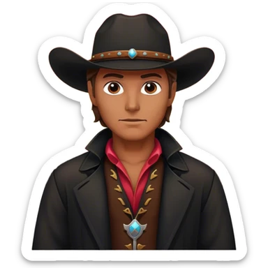 A lone cowboy in a black duster, standing under a crimson sunset sticker