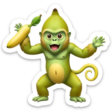 A yellow banana with arms and legs and a green gorilla head with expressive eyes sticker