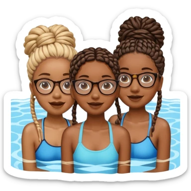 3 black girls im the pool having fun, one is tall caramel skin and slim with glasses and coller bone mini twists, the other is dark skin with no glasses and neck shoulder length mini twists and the last girl is short and chubby with box braids and no glasses  sticker