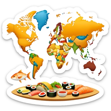 Icon for Culinary Tourism: a world map where the continents are made of various foods, like Fish - North America, sushi - Eurasia, tacos for South America, etc. The icon should represent global culinary exploration and travel. Transparent background. sticker